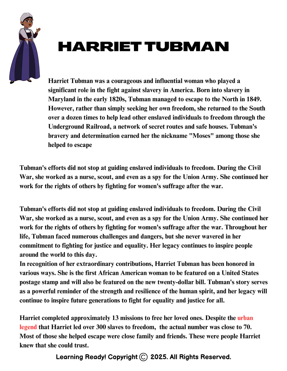 Harriet Tubman: Reading Comprehension Packet 1