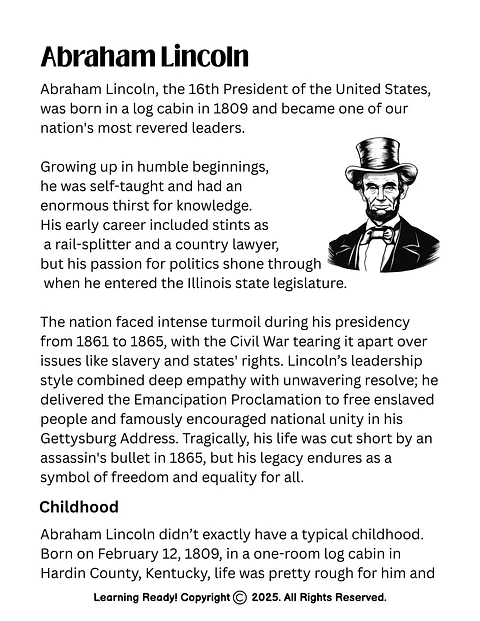 Abraham Lincoln: Reading Comprehension
