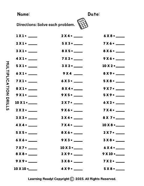 Multiplication Drills Worksheet