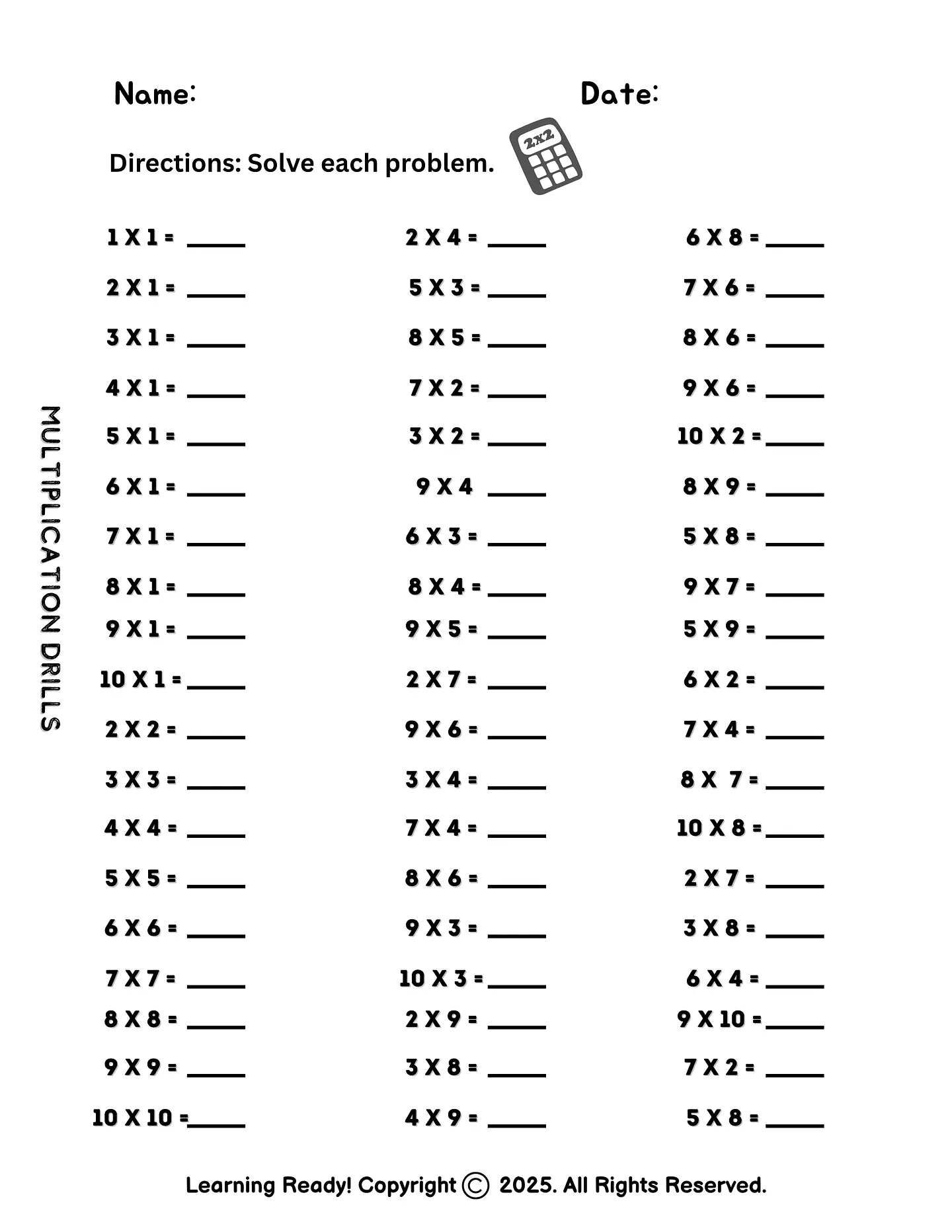 Multiplication Drills Worksheet 1
