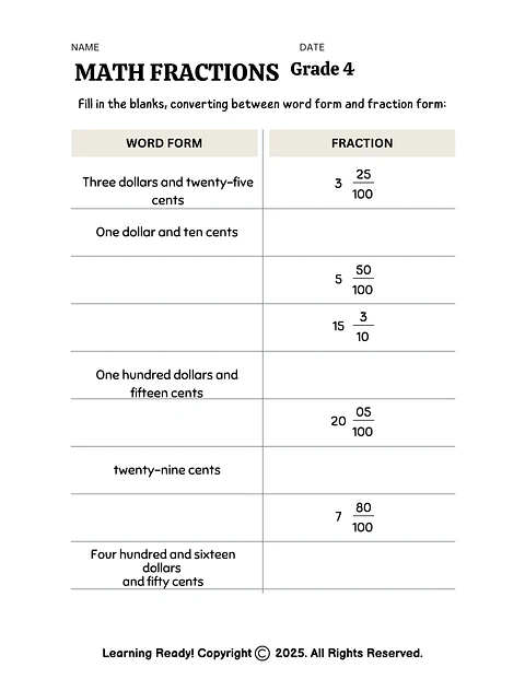Math Fractions Worksheet