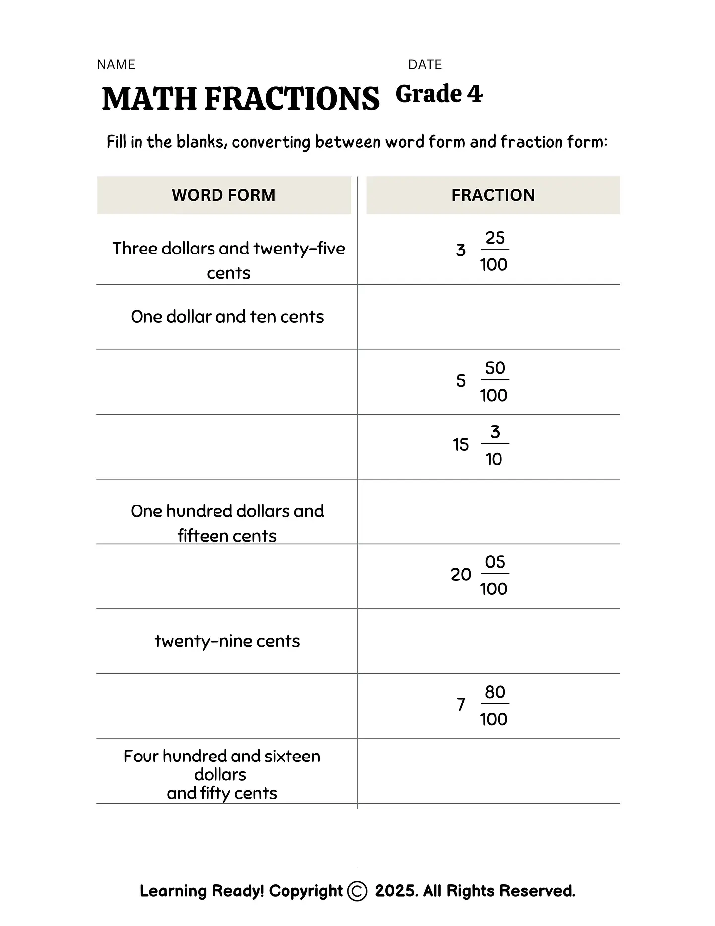 Math Fractions Worksheet 1