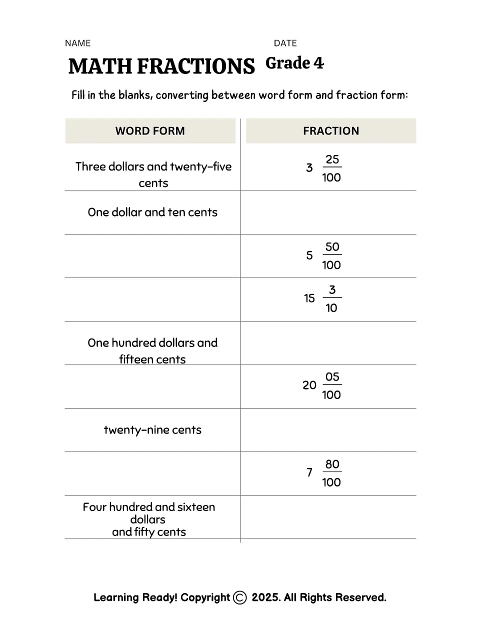 Math Fractions Worksheet 1