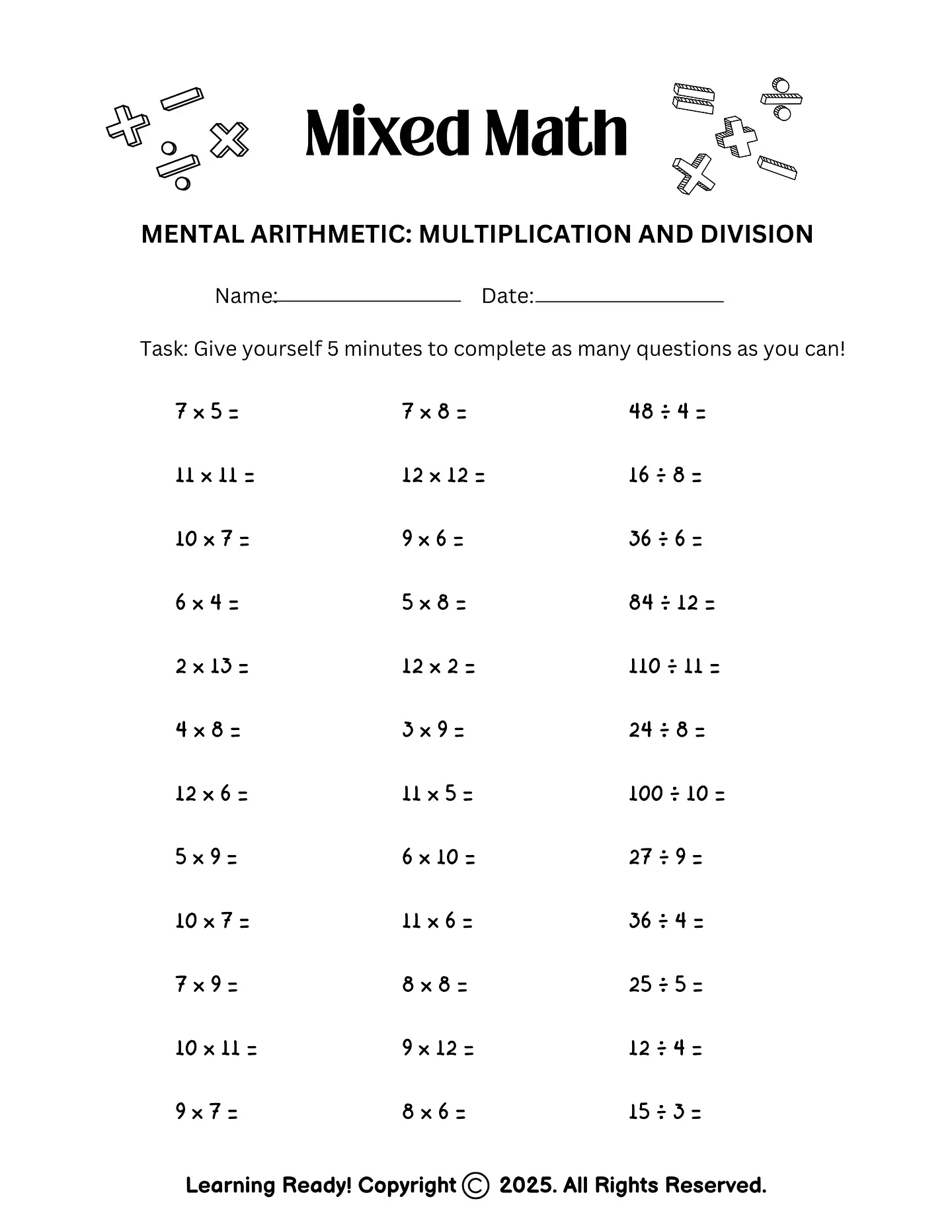 Mixed Math: Multiplication & Division Worksheet 1