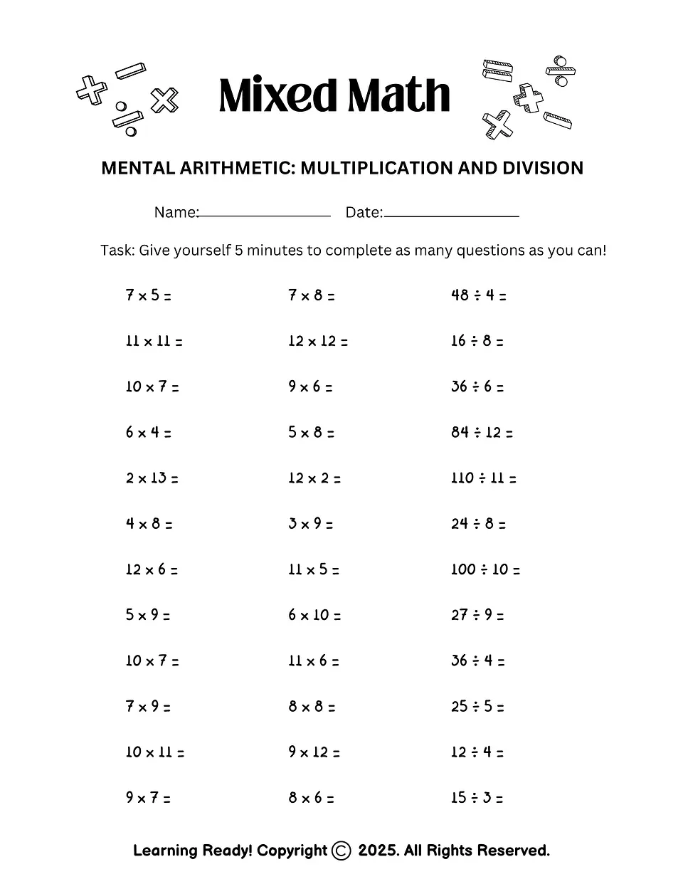 Mixed Math: Multiplication & Division Worksheet 1