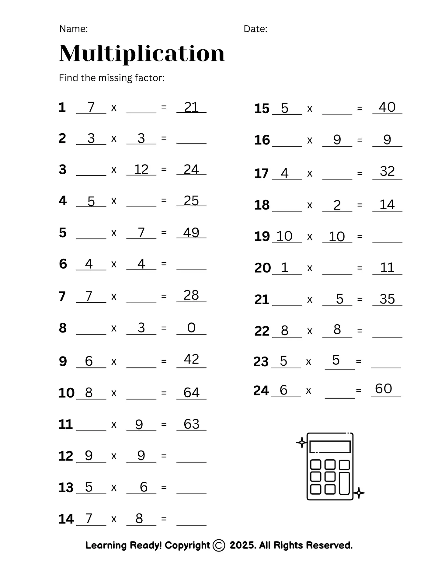 Multiplication Worksheet 1