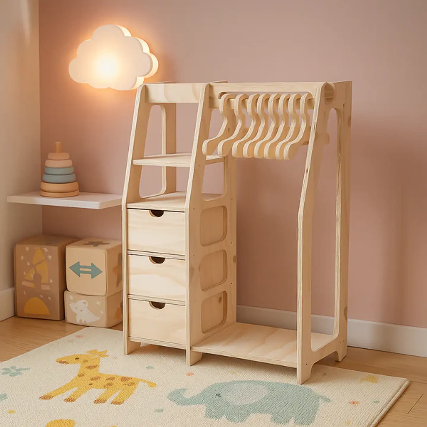 Clóset Montessori de Madera con 6 Colgadores 1
