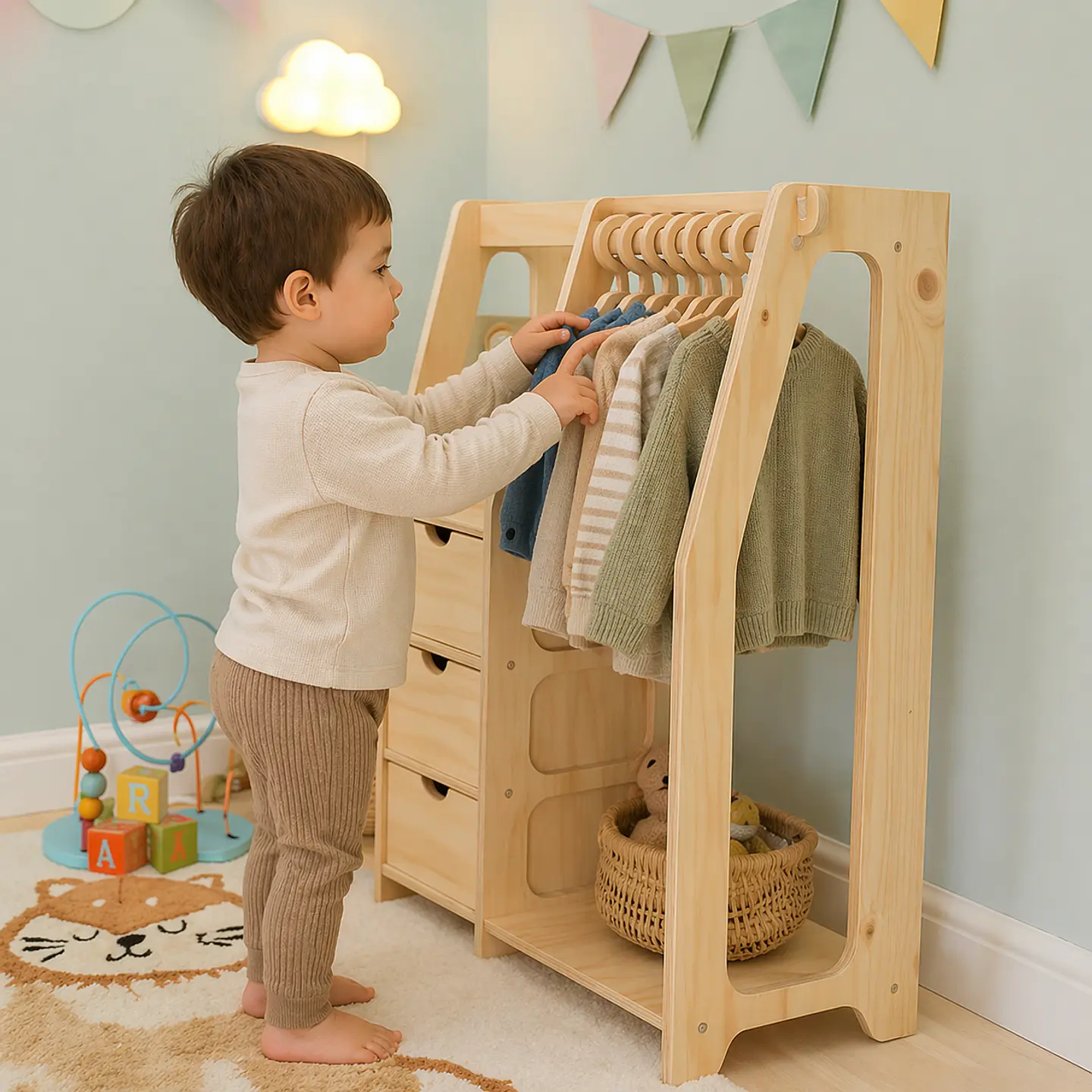 Clóset Montessori de Madera con 6 Colgadores 3