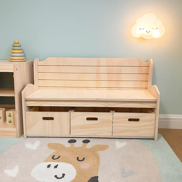 Banco Organizador Montessori de Madera para Niños con 3 Cajones 1