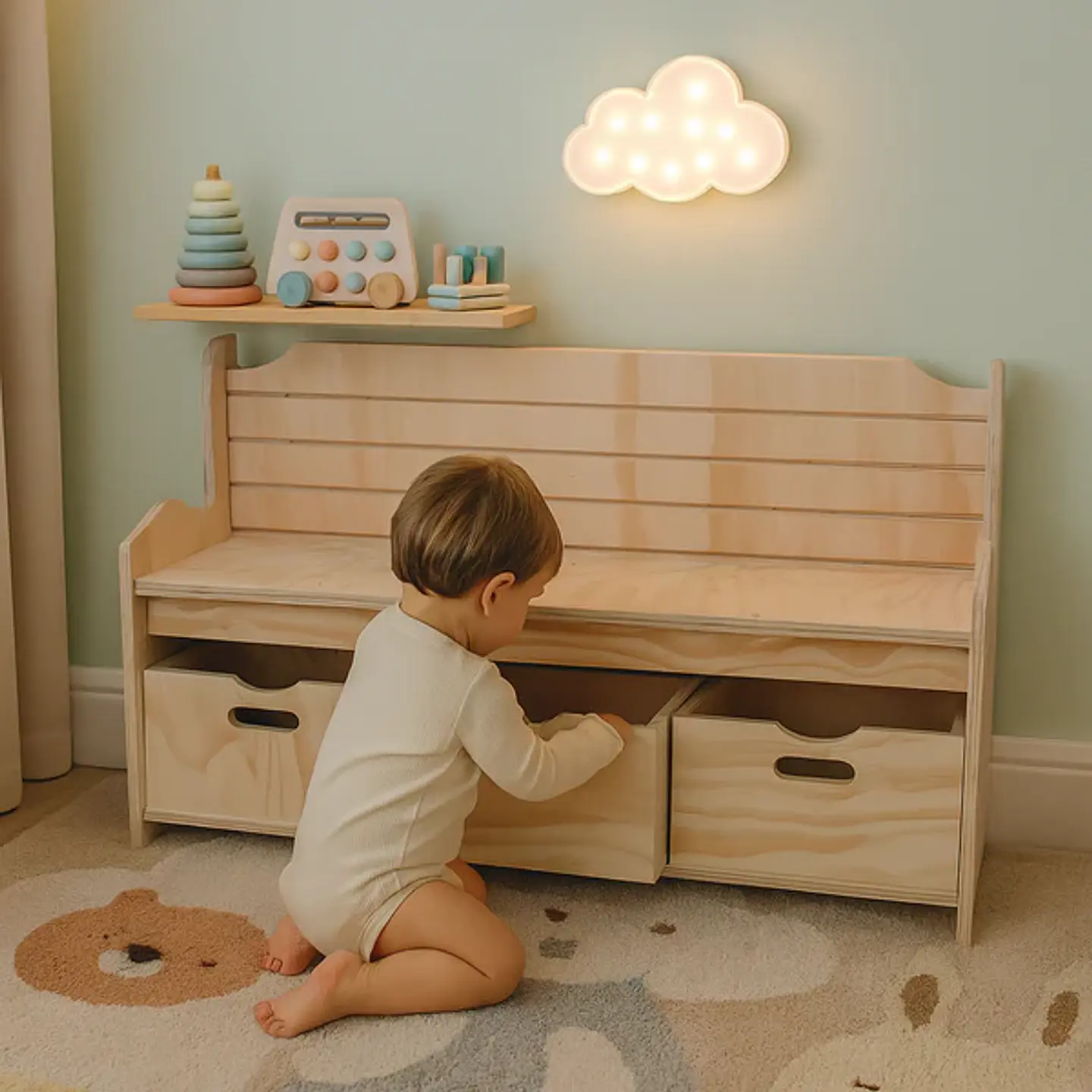 Banco Organizador Montessori de Madera para Niños con 3 Cajones 3