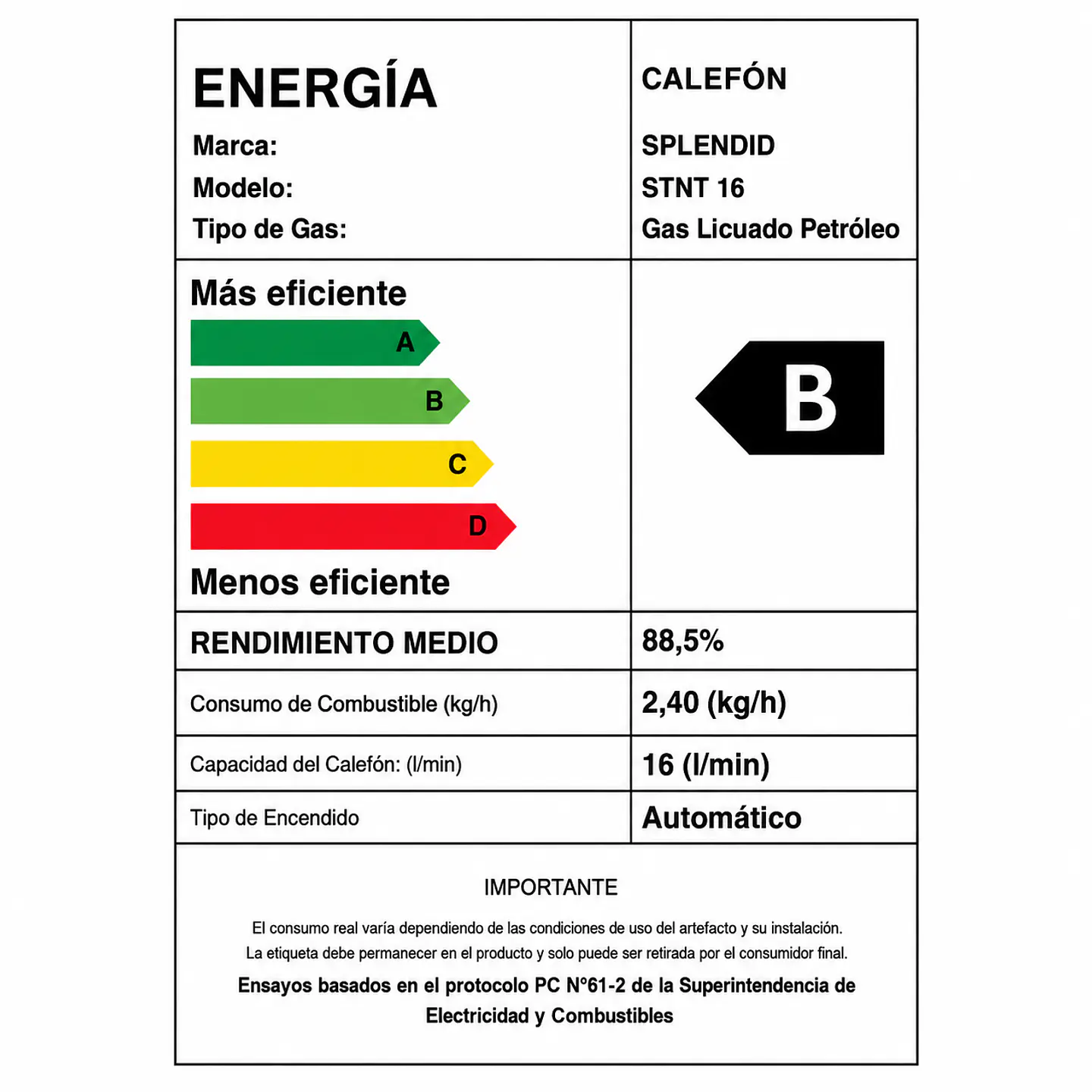Calefont 16 litros Gas licuado Tiro natural Splendid 7