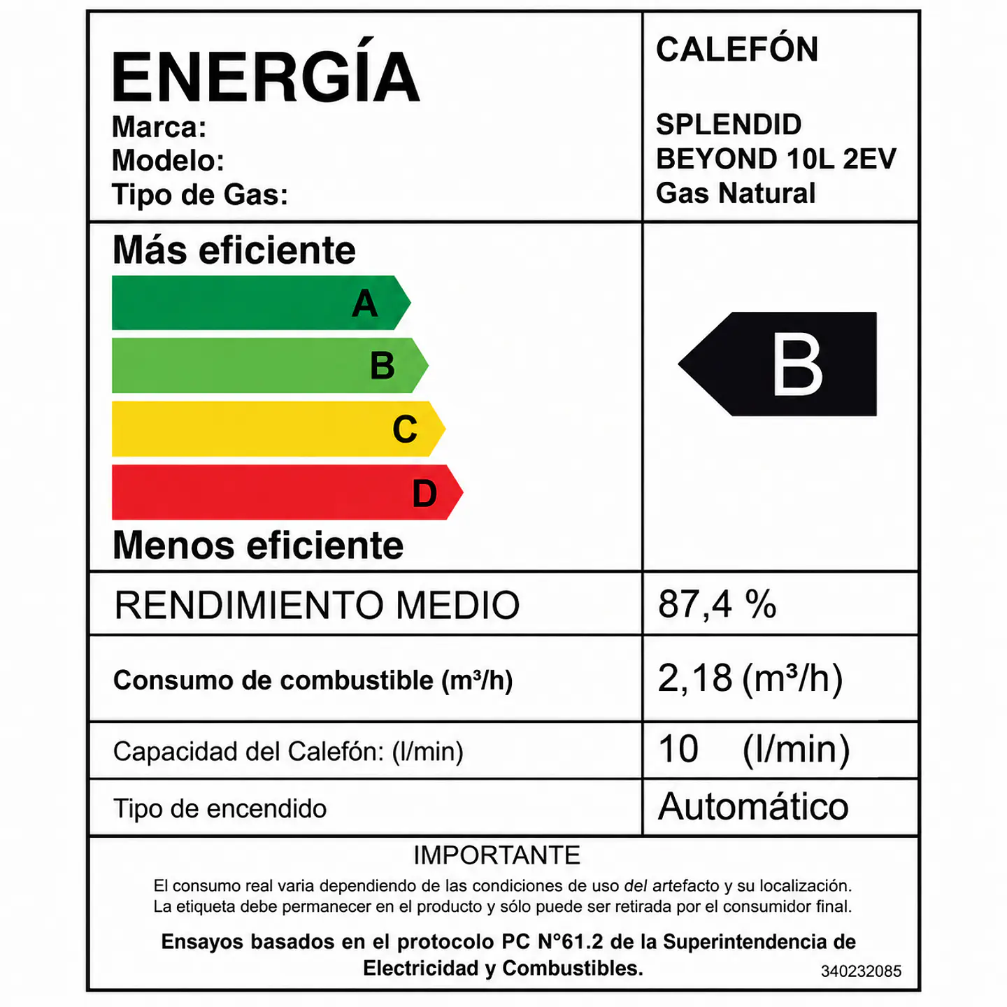 Calefont 10 litros Gas natural Tiro natural Splendid 7