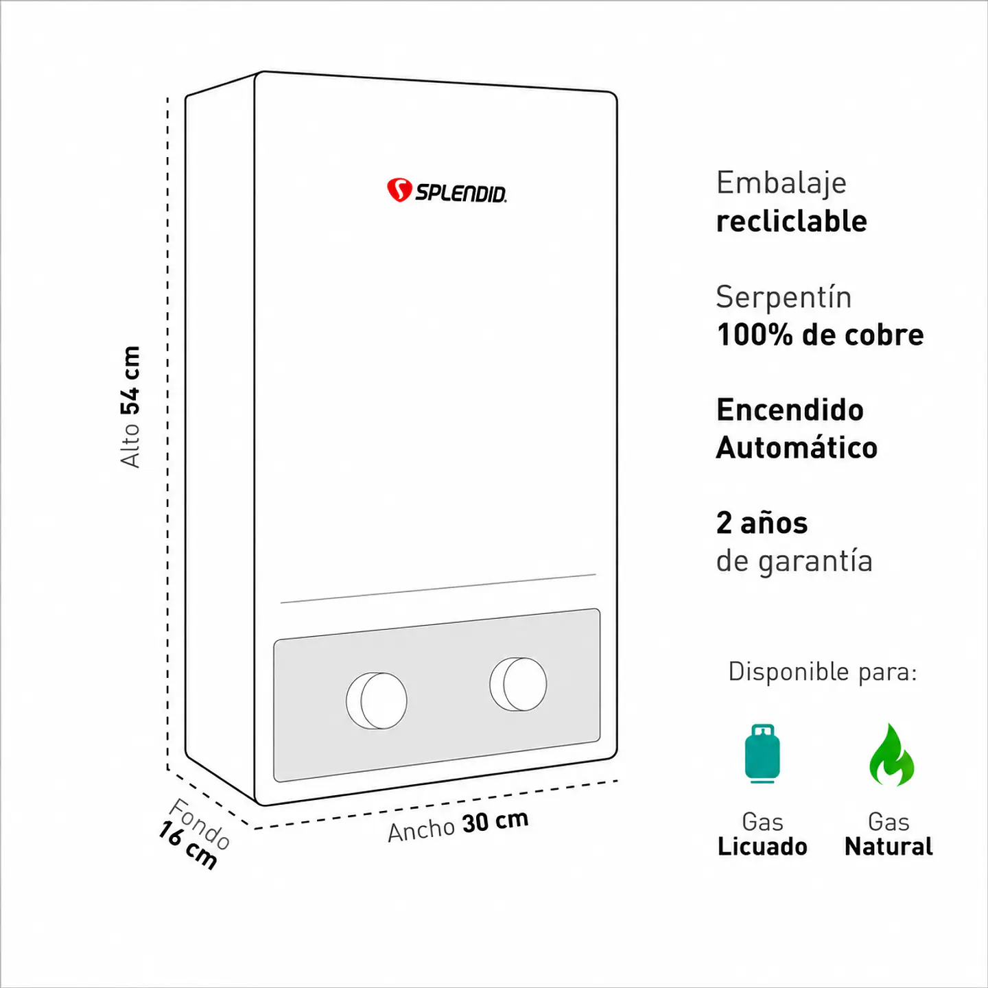 Calefont 8 litros Gas licuado Tiro natural Splendid 3