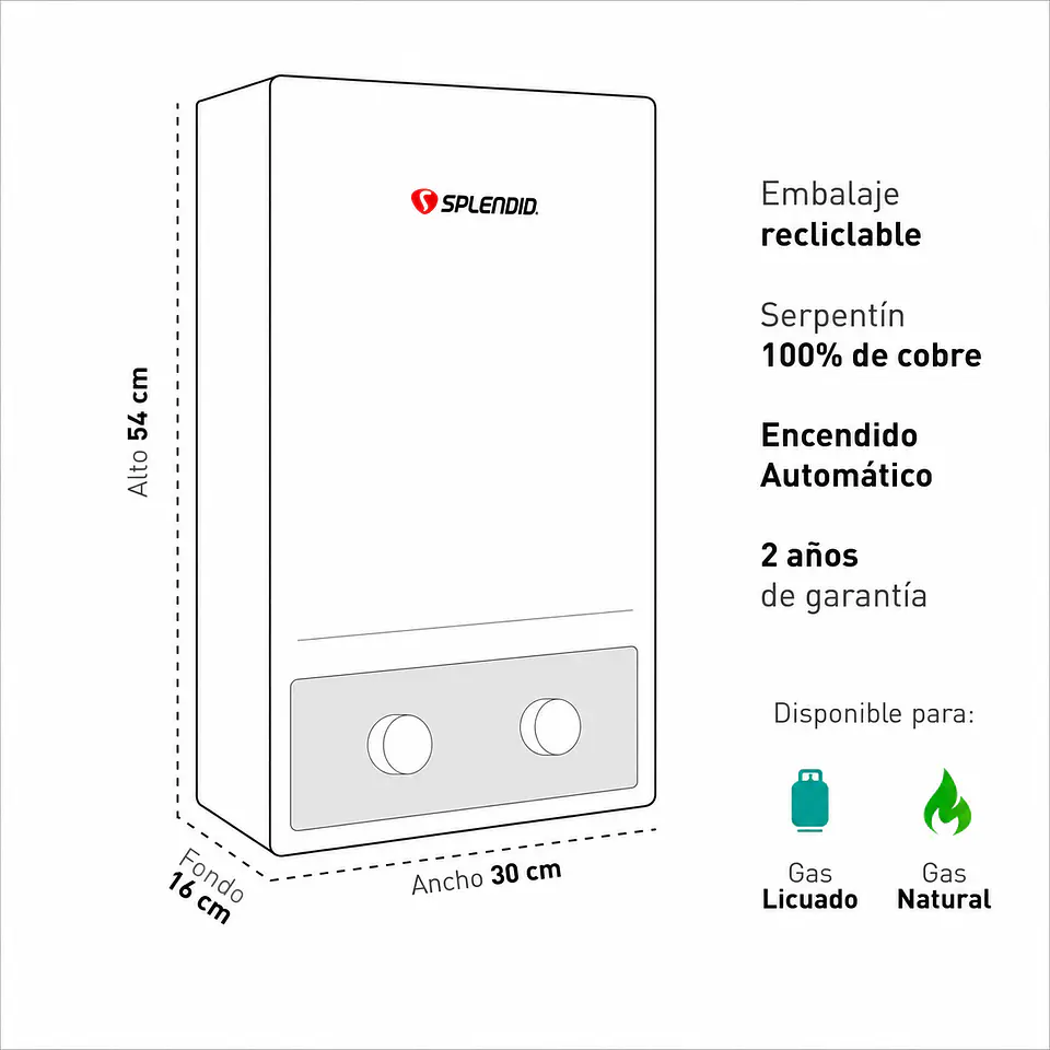 Calefont 8 litros Gas licuado Tiro natural Splendid 3