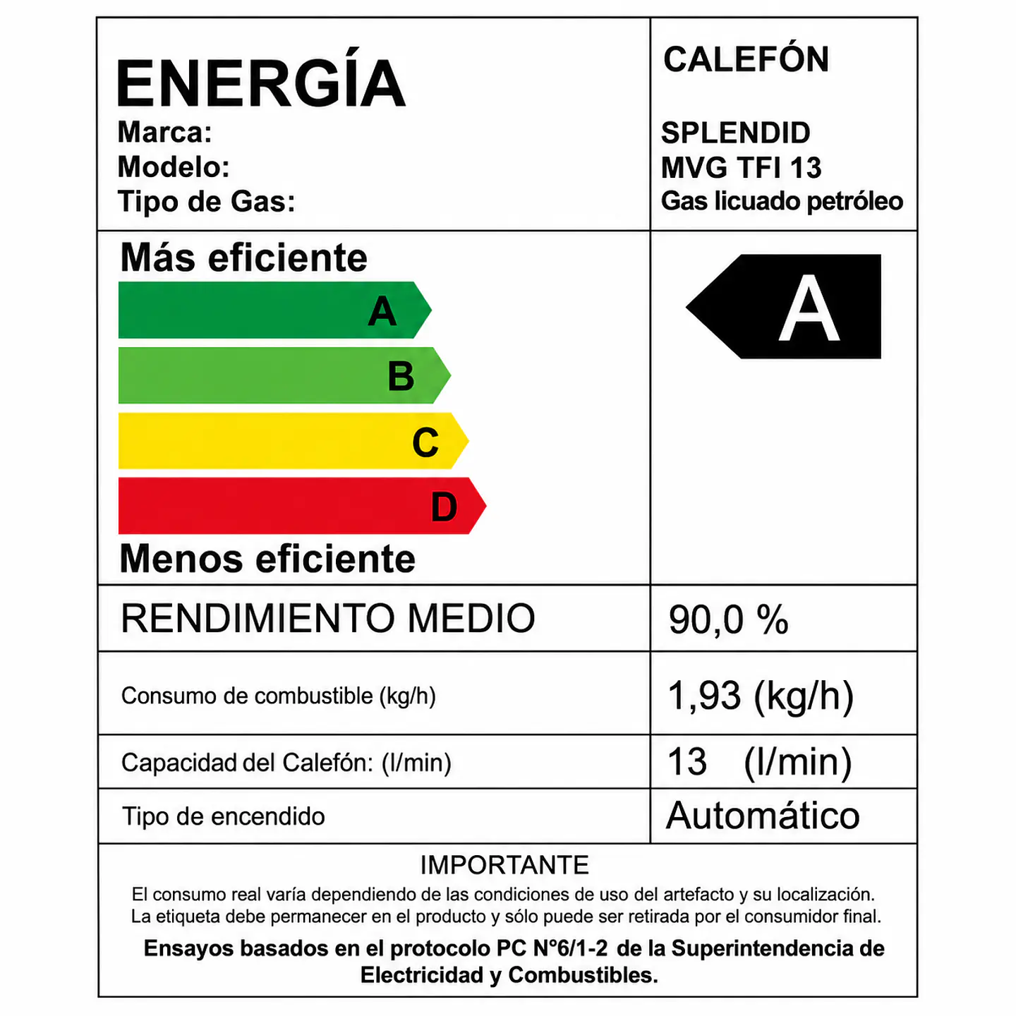 Calefont 13 litros Gas licuado Tiro forzado Splendid 6