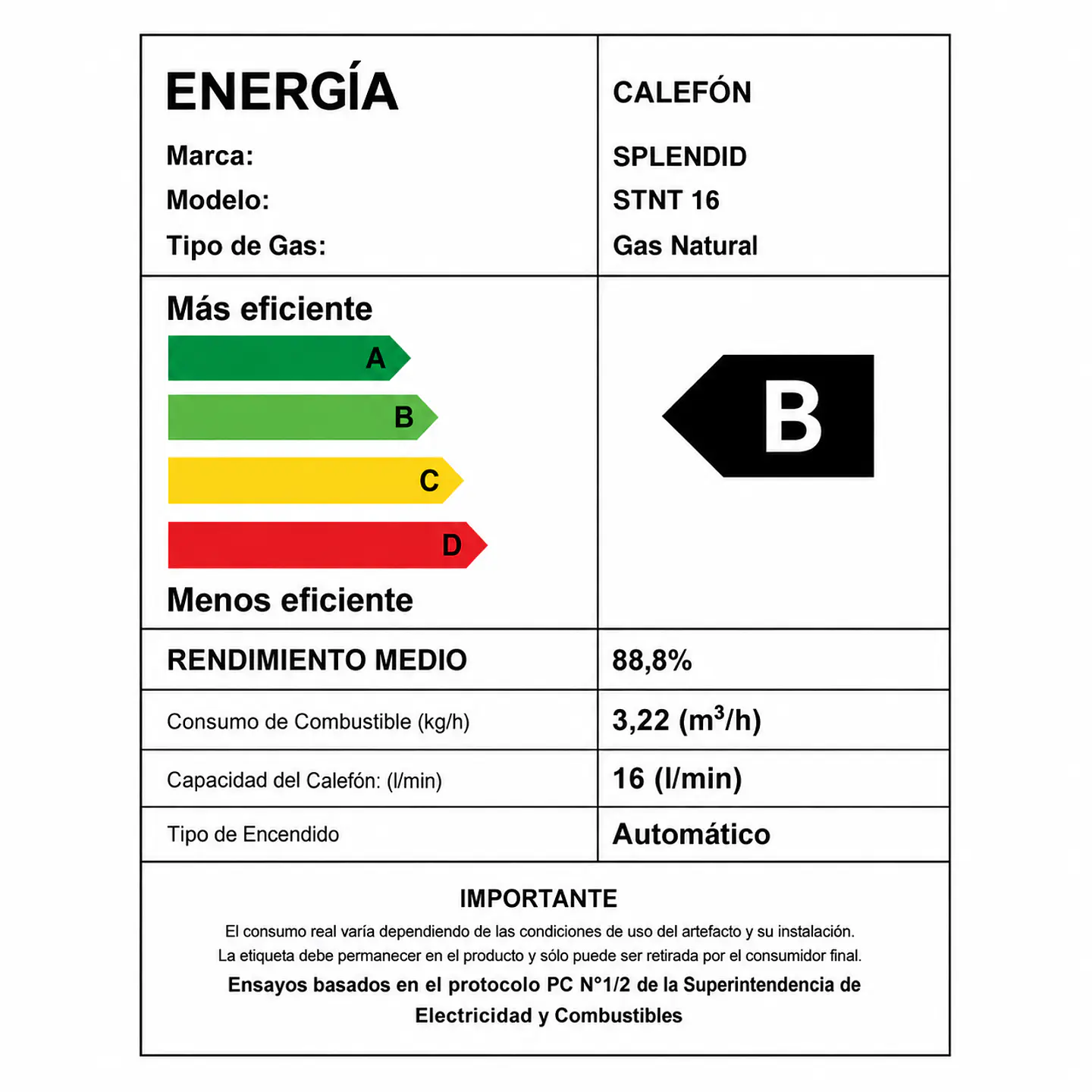 Calefont 16 litros Gas natural Tiro natural Splendid 7