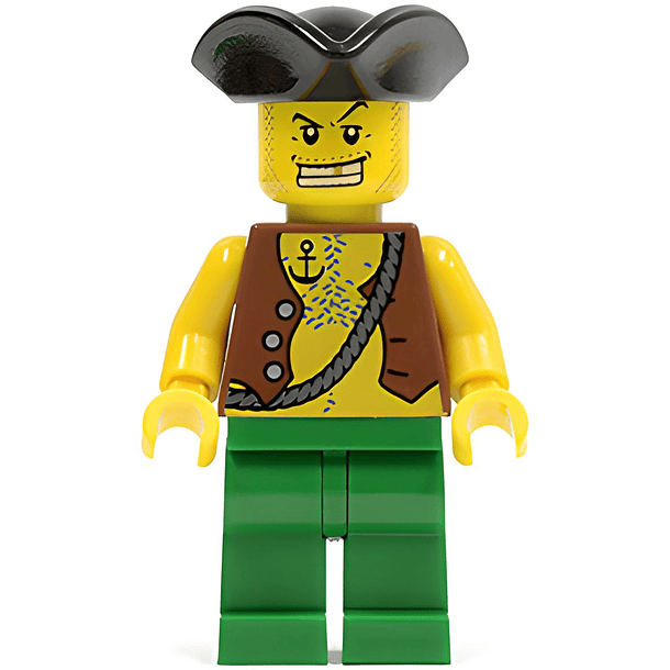 Pirata y tatuaje de ancla, piernas verdes, sombrero tricornio