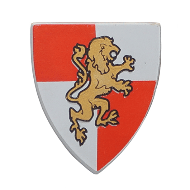 Minifigura, escudo triangular con león dorado sobre patrón de fondo de cuartos rojos y blancos