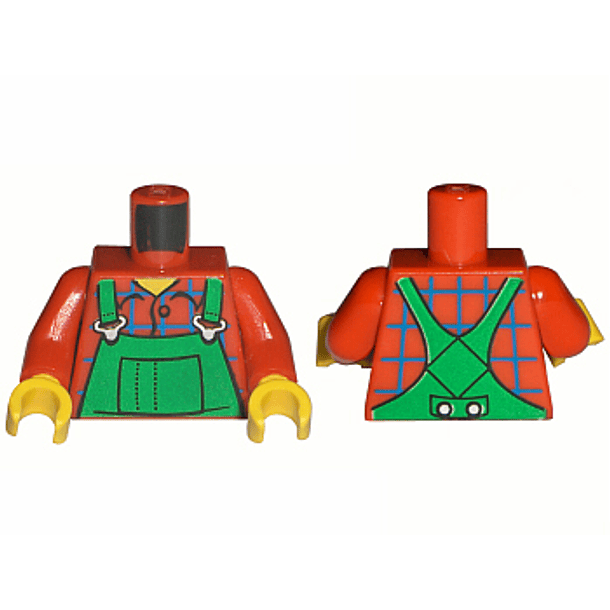 Minifigura, Torso Verde (Granjero), Camisa Azul a Cuadros con Panel de Ventana - Patrón de Espalda Impreso / Brazos Rojos / Manos Amarillas