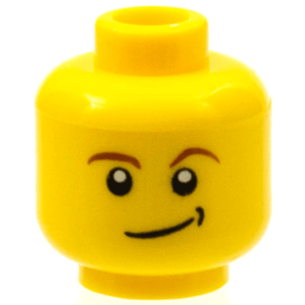 Minifigura, cabeza con cejas de color marrón rojizo, pupilas blancas, sonrisa torcida con hoyuelos negros