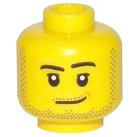 Minifigura, cabeza con sonrisa masculina, hoyuelo color melocotón, pupilas, barba incipiente, bigote y patrón de patillas 