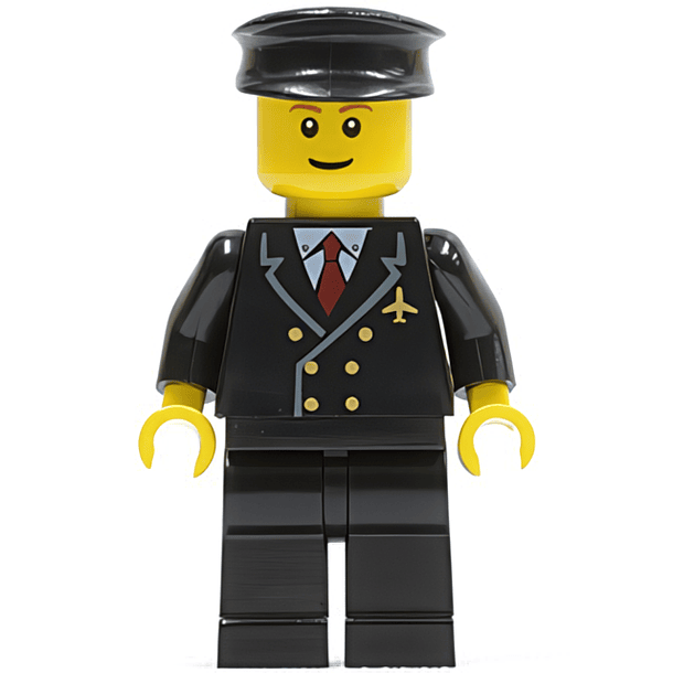 Piloto con corbata roja y seis botones, piernas negras, sombrero negro, cejas marrones y sonrisa fina.