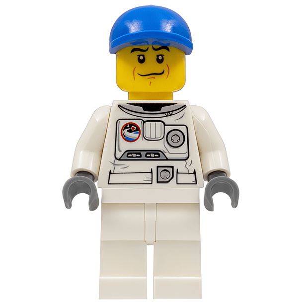 Traje espacial, piernas blancas, gorra azul corta, cejas negras