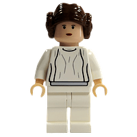 Princesa Leia: Vestido blanco, cinturón sencillo, ojos pequeños, cabello texturizado