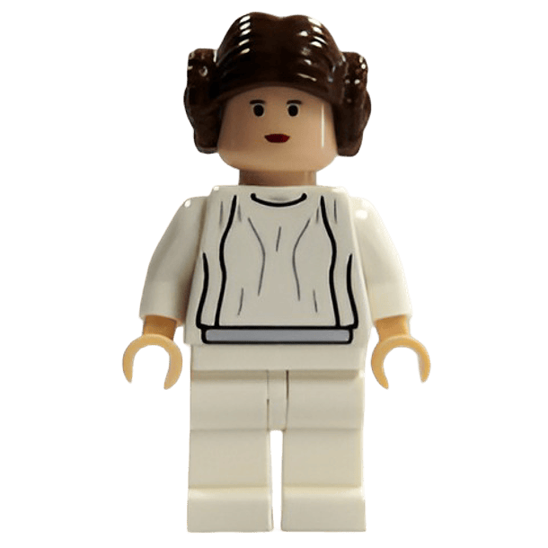 Princesa Leia: Vestido blanco, cinturón sencillo, ojos pequeños, cabello texturizado