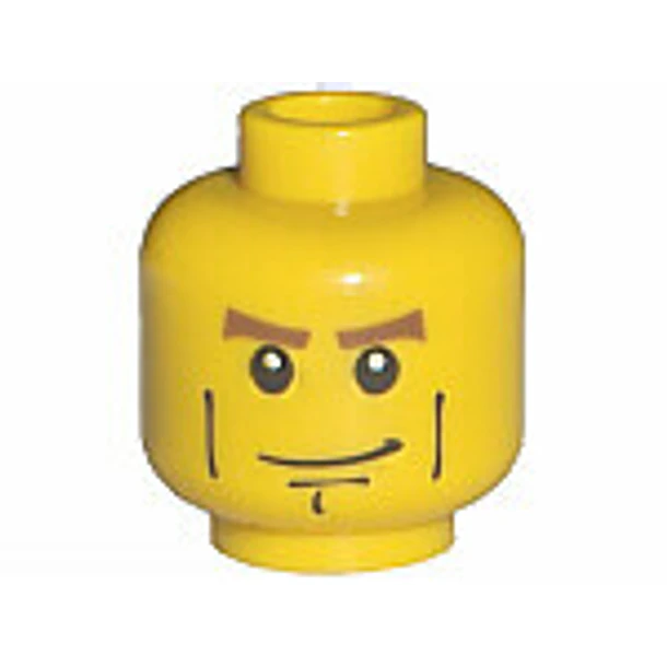 Minifigura, cabeza de color marrón rojizo, cejas gruesas, líneas negras en las mejillas y hoyuelo en la barbilla, patrón de sonrisa burlona