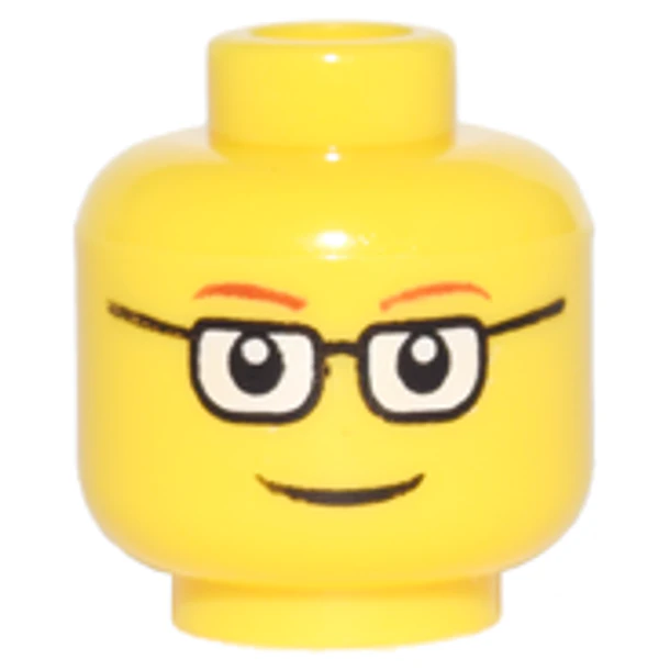 Minifigura, cabeza con cejas finas de color rojo oscuro, gafas rectangulares negras con lentes blancas, patrón de sonrisa