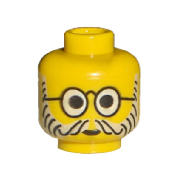 Minifigura, cabeza con gafas redondas, patrón de barba y bigote con líneas grises