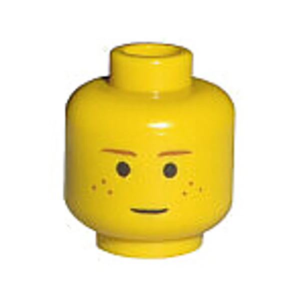 Minifigura, cabeza con cejas marrones y patrón de pecas.
