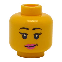Cabeza femenina LEGO de doble cara con cejas negras, labios rosas y gafas de sol