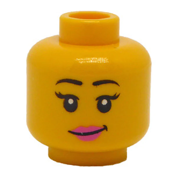 Cabeza femenina LEGO de doble cara con cejas negras, labios rosas y gafas de sol