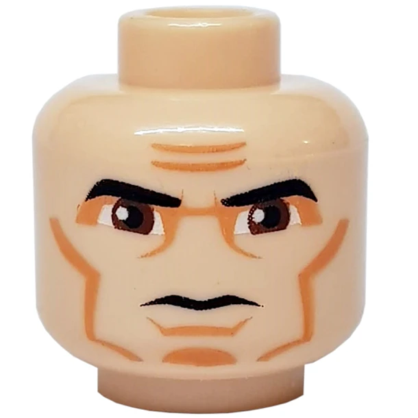 Minifigura, cabeza negra, cejas gruesas, ojos grandes de color marrón rojizo, sombra de ojos color turrón, líneas en las mejillas y hoyuelo en la barbilla