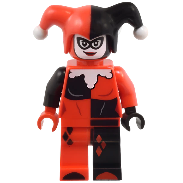Harley Quinn - Gorro de bufón, manos negras y rojas, cuello redondeado