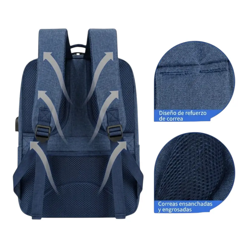 Set Mochila Porta Notebook, Bolso Cruzado y Estuche Azul