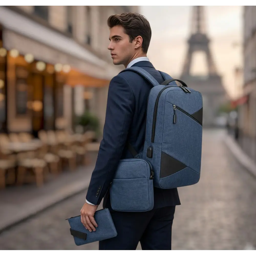 Set Mochila Porta Notebook, Bolso Cruzado y Estuche Azul