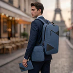 Set Mochila Porta Notebook, Bolso Cruzado y Estuche Azul