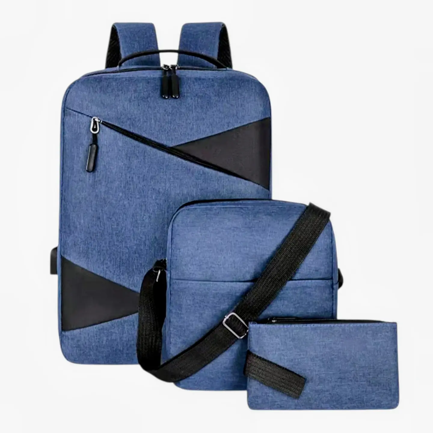 Set Mochila Porta Notebook, Bolso Cruzado y Estuche Azul 1