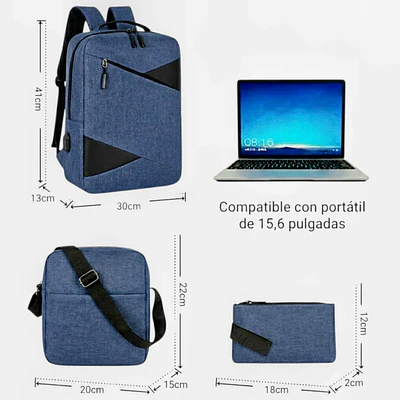 Set Mochila Porta Notebook, Bolso Cruzado y Estuche Azul