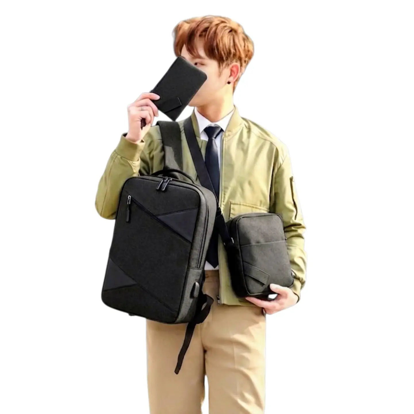 Set Mochila Porta Notebook, Bolso Cruzado y Estuche Negro 4