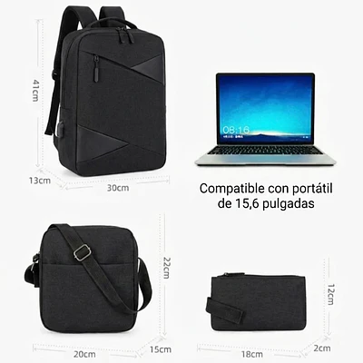Set Mochila Porta Notebook, Bolso Cruzado y Estuche Negro