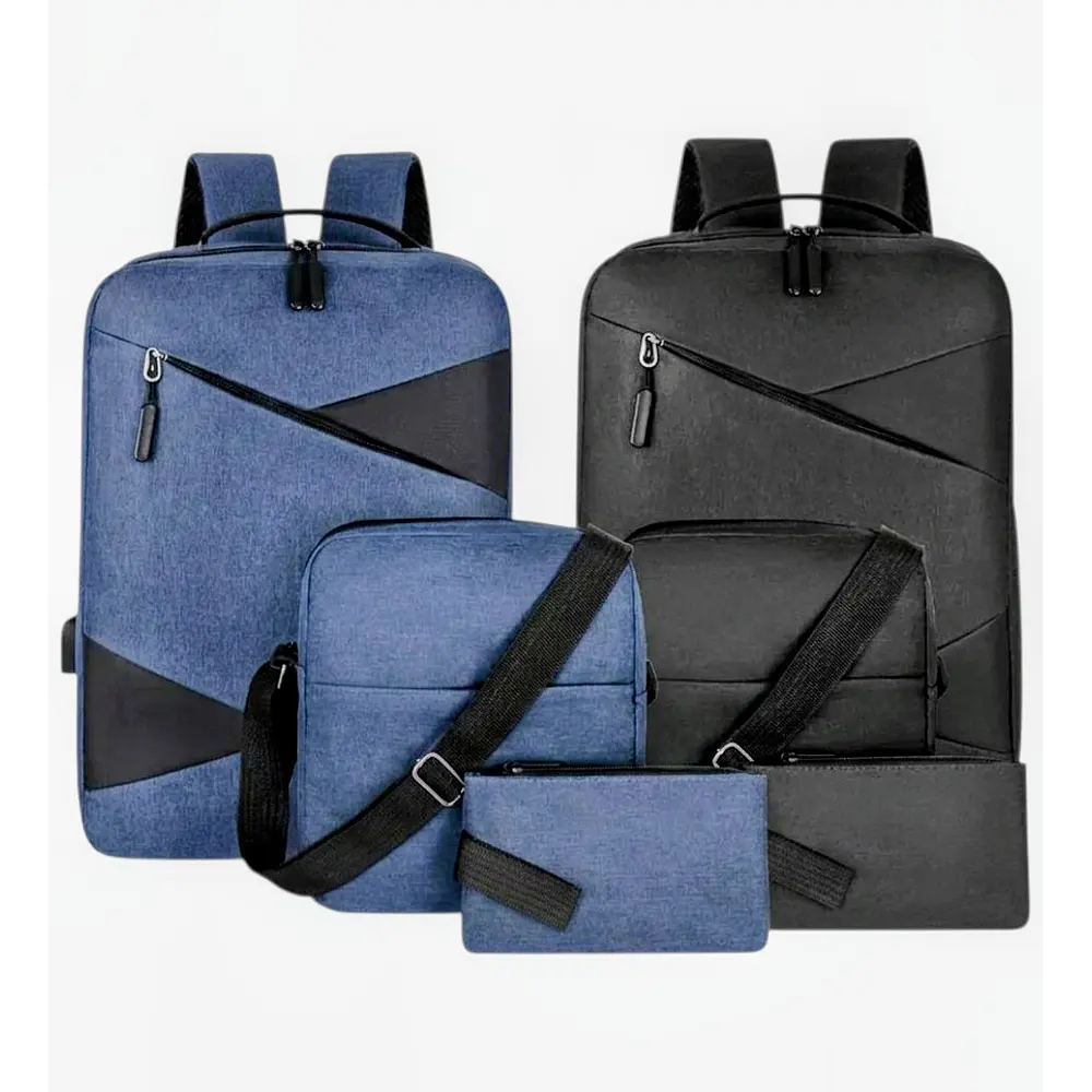 Set Mochila Porta Notebook, Bolso Cruzado y Estuche Negro