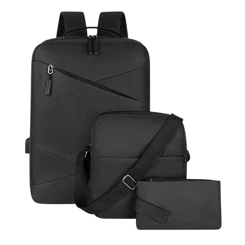 Set Mochila Porta Notebook, Bolso Cruzado y Estuche Negro