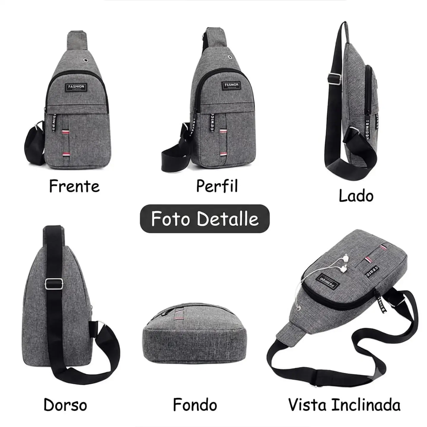 Morral Pechera Cruzado Con Salida Audifonos Gris 2