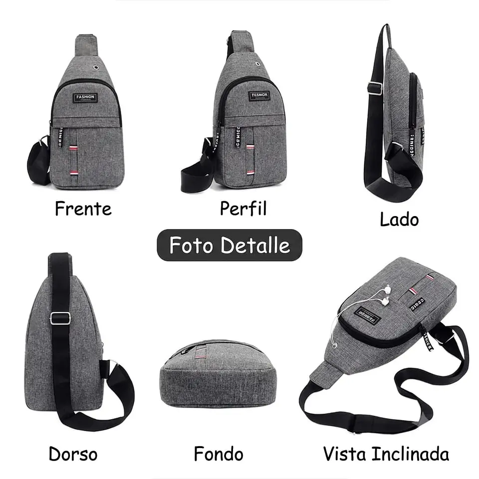 Morral Pechera Cruzado Con Salida Audifonos Gris 2
