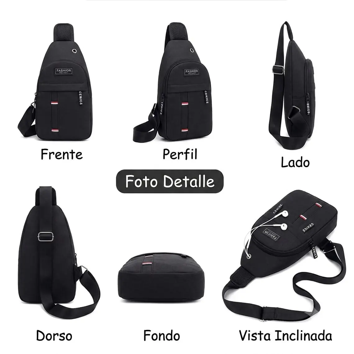 Morral Pechera Cruzado Con Salida Audifonos Negro 2