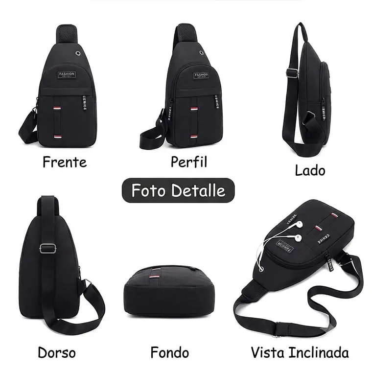 Morral Pechera Cruzado Con Salida Audifonos Negro 2